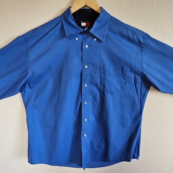 Vntg Y2K Tommy Hilfiger XL Mens Blue Shirt XL Cotton Business Casual Logo - Picture 3 of 12